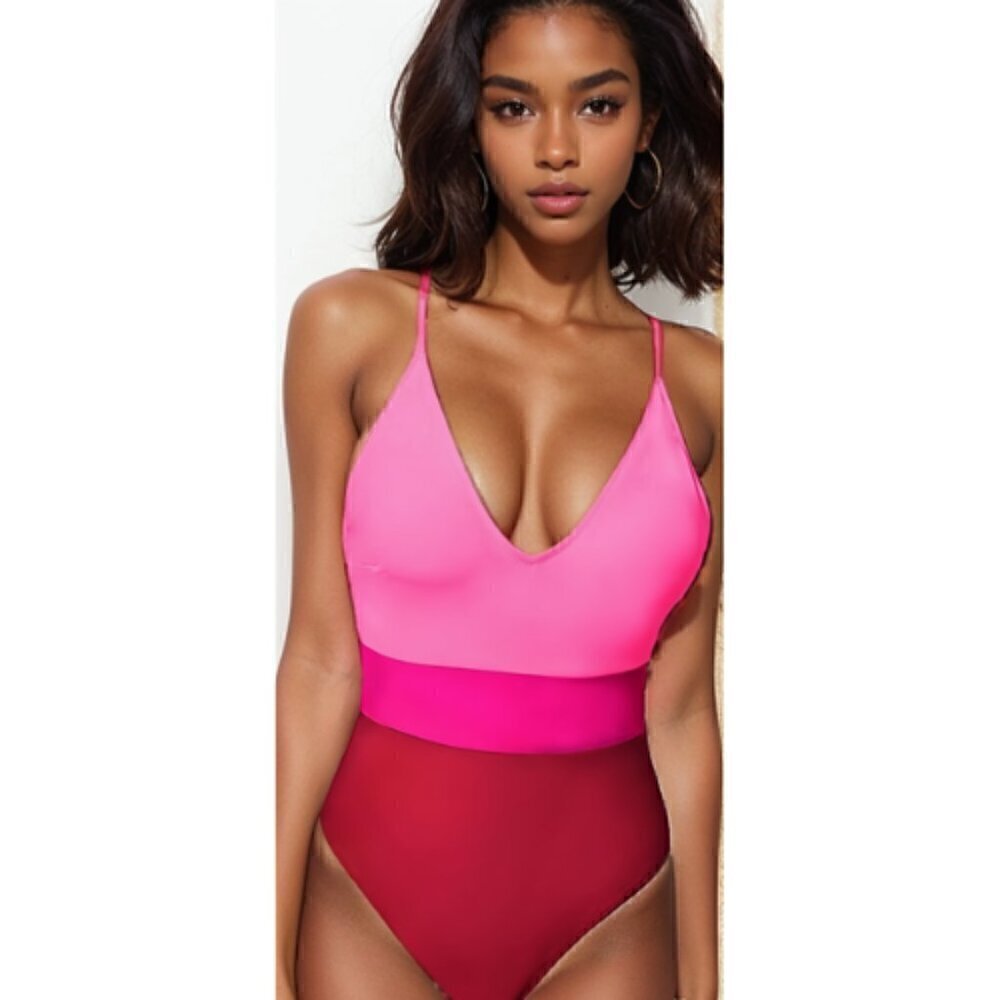 100.🆕Med Cupshe V Neck Cross Back Color Block Pink and Red One Piece Swim NWT